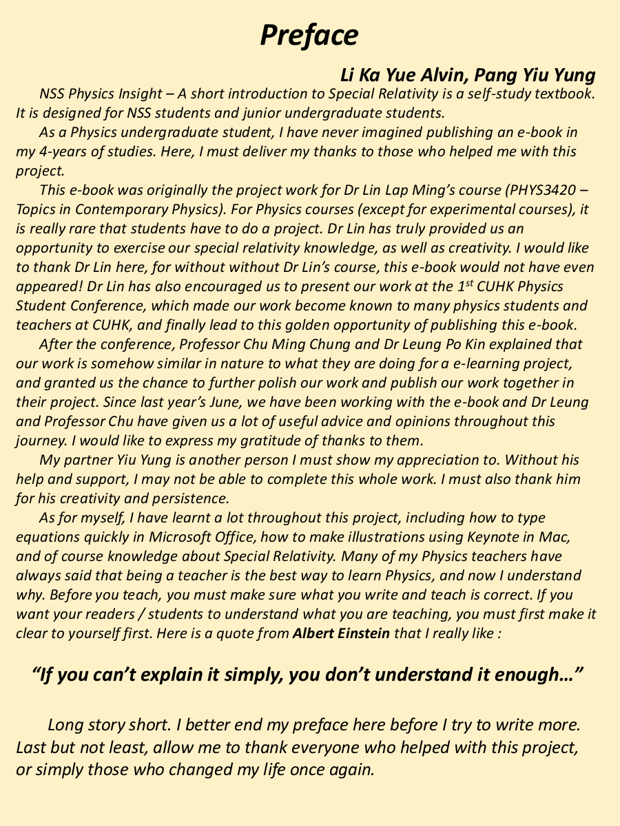 Preface page from NSS Physics Insight - A short introduction to Special Relativity